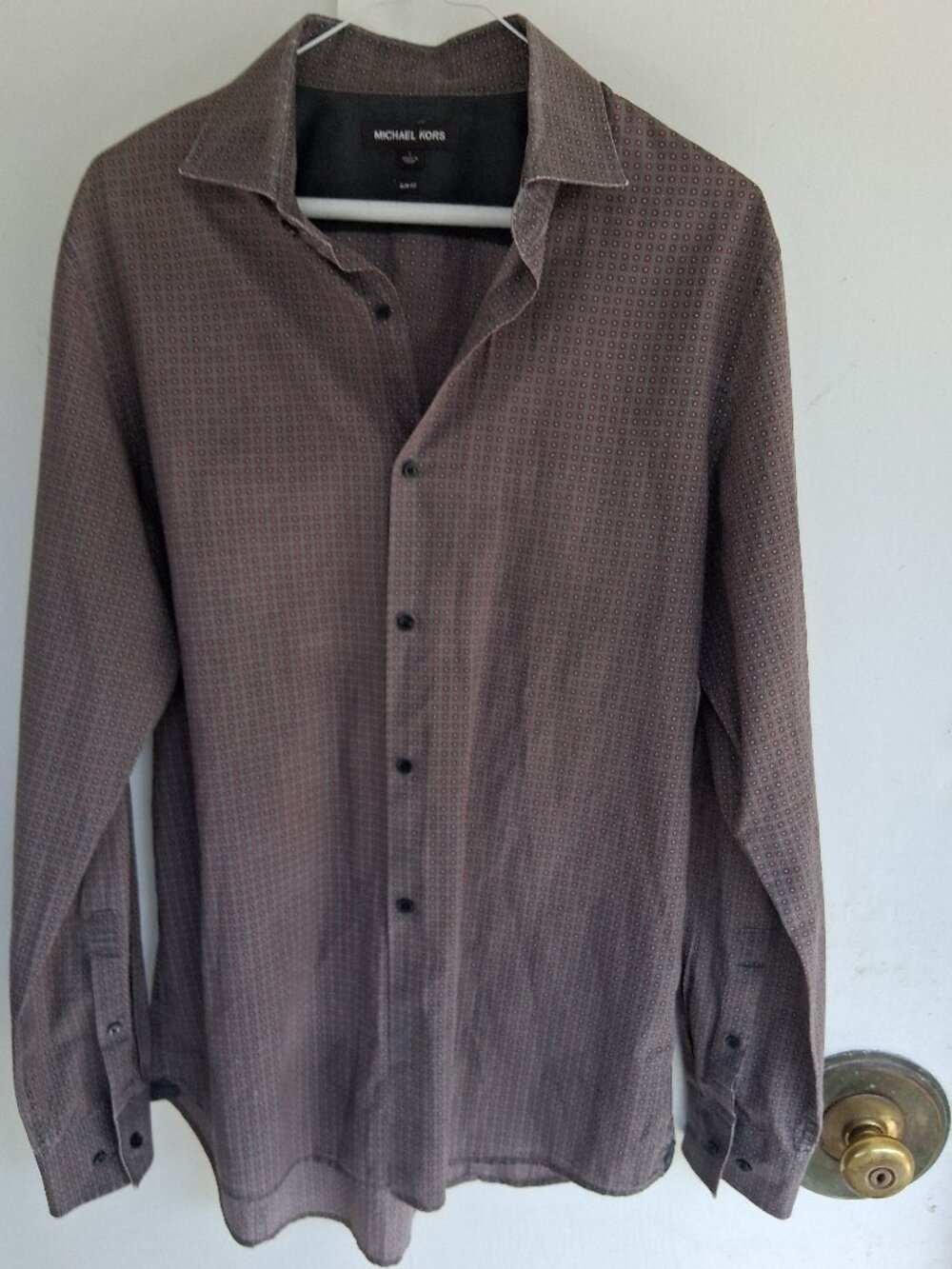 Michael Kors Mens Slim Fit Burgundy Floral Print Long Sleeve Button Down Shirt L